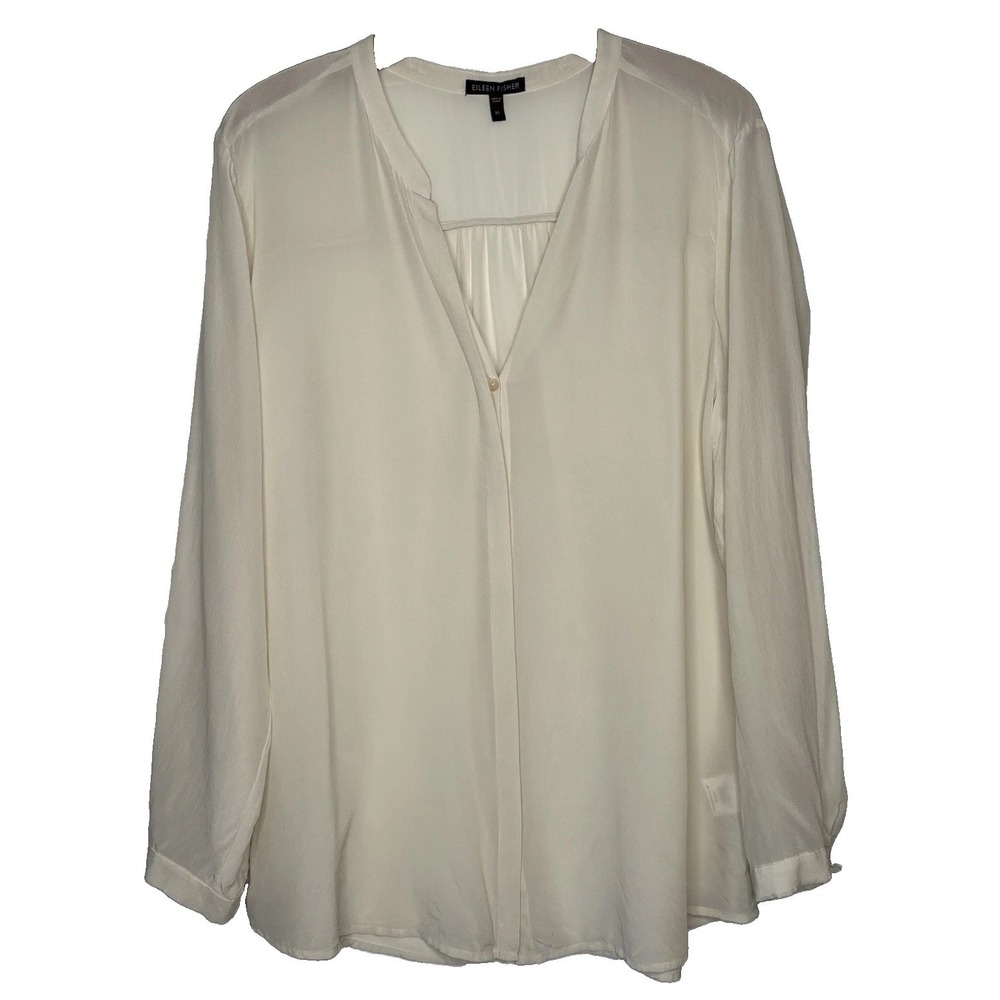 Eileen Fisher Womens XL Ivory Solid Woven Silk V-Neck Long Sleeve Button Blouse